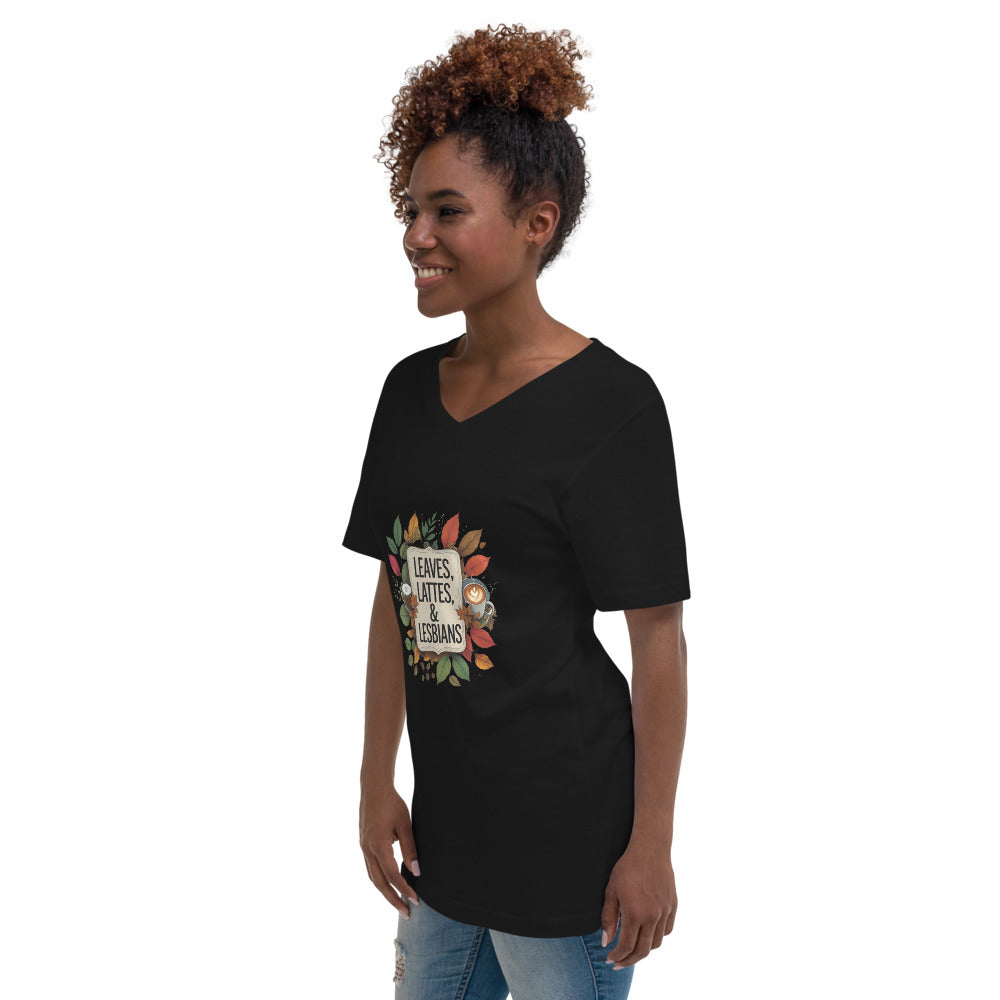 Woman wearing a black t-shirt with a colorful graphic design on a white background