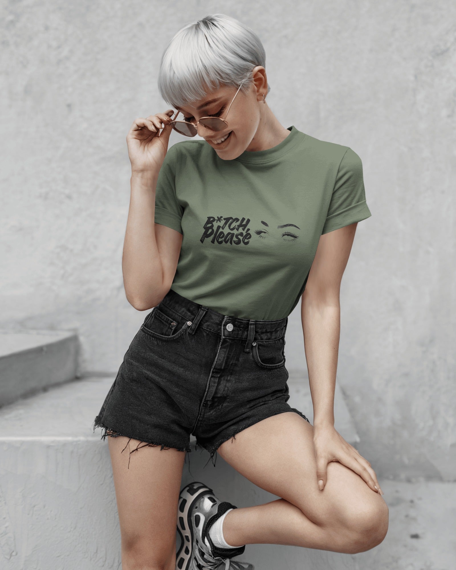 Close-up of B*tch, Please graphic t-shirt styled casually, expressive slogan fashion