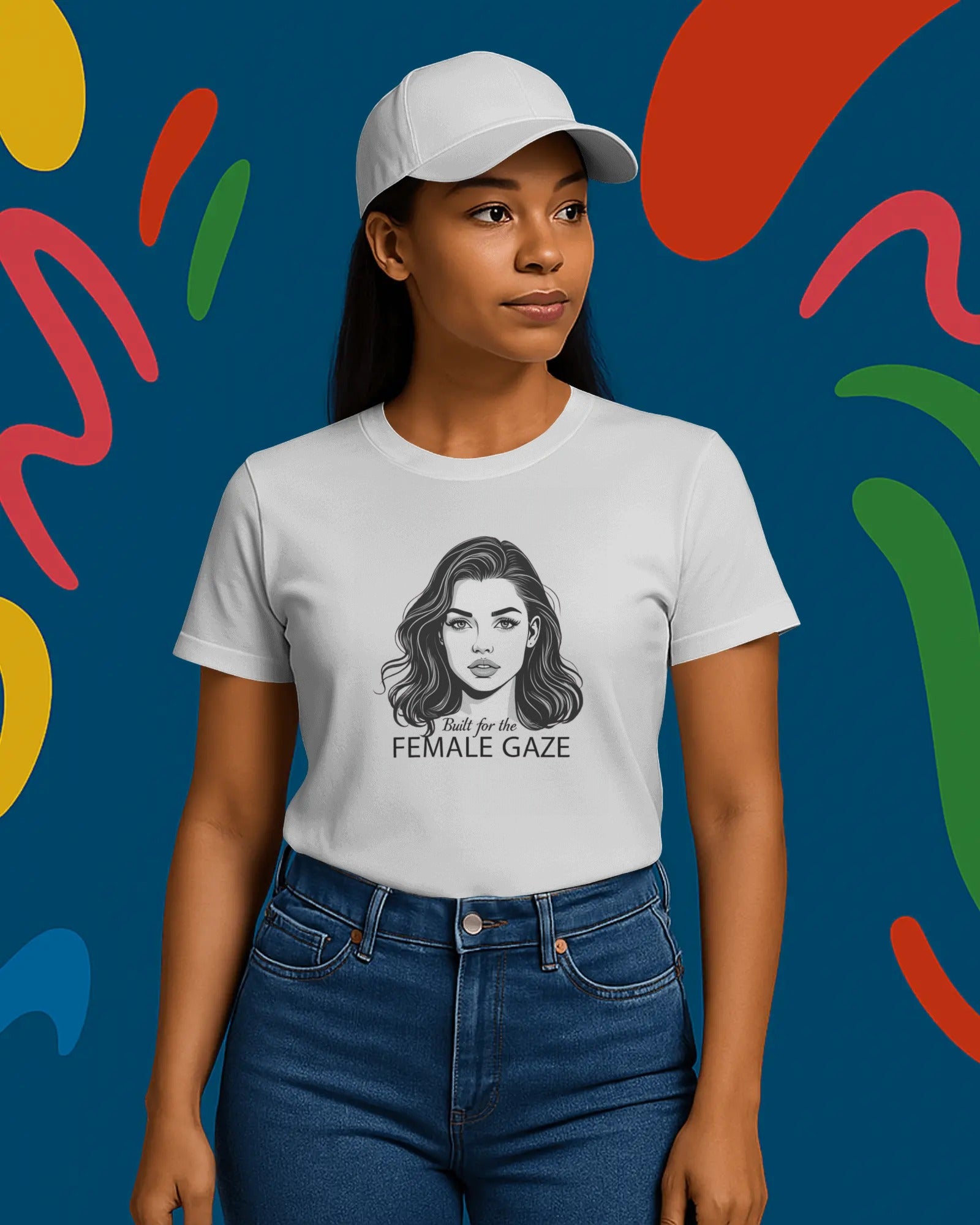 Built for the Female Gaze slogan printed on a unisex t-shirt with bold minimalist typography
