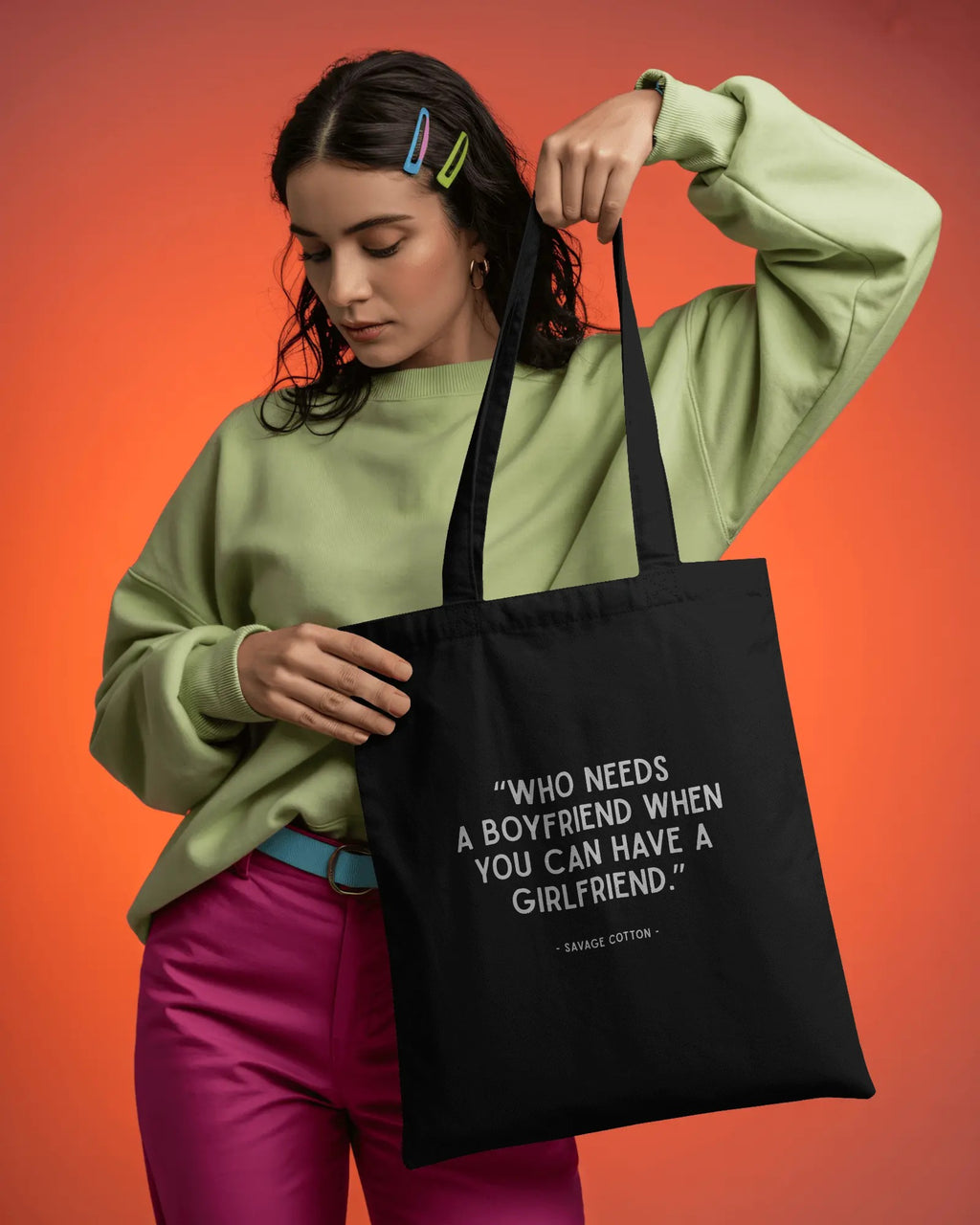 Organic cotton tote bag with “Who Needs a BF When You Can Have a GF?” slogan, queer lesbian tote bag by Savage Cotton