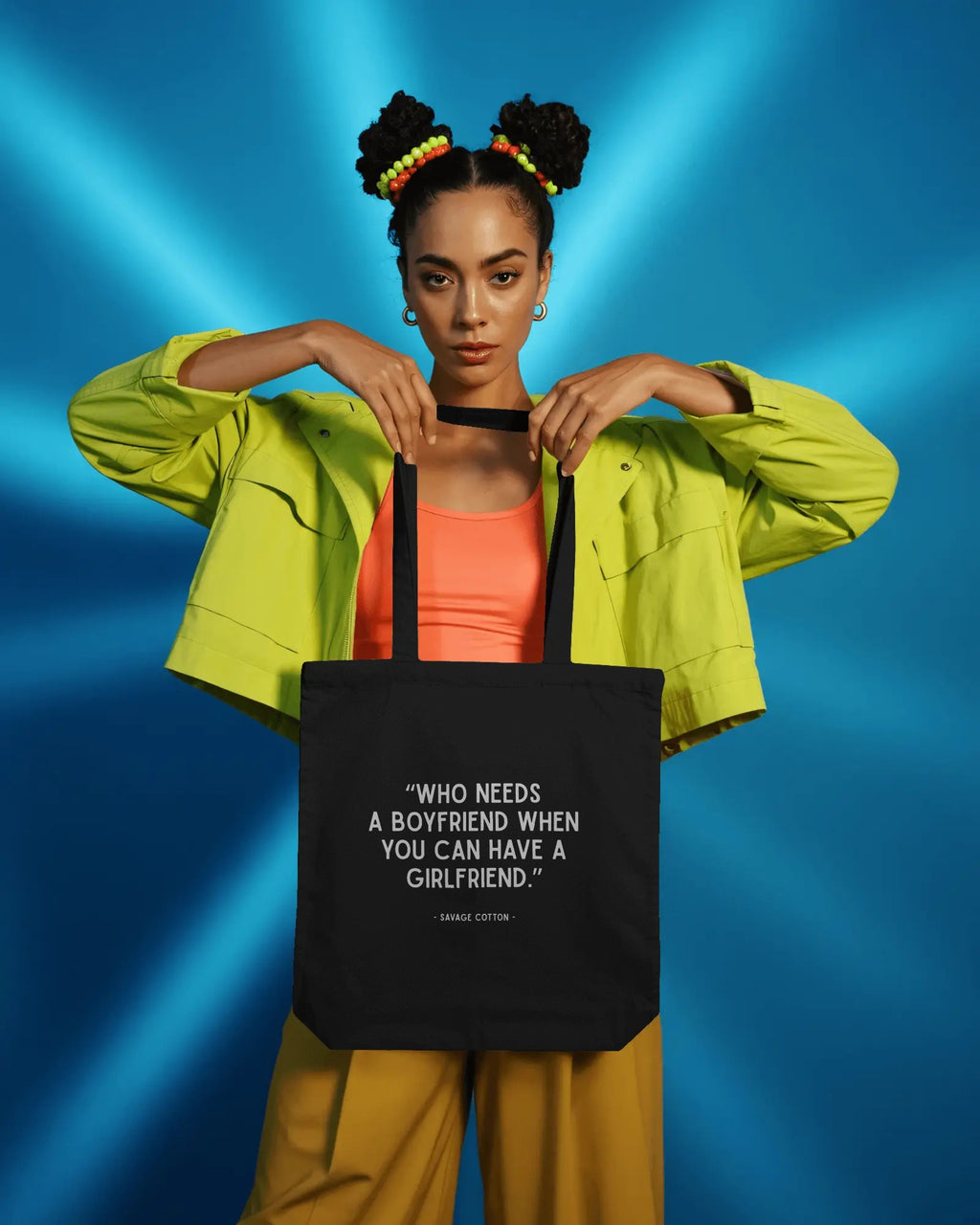 Organic cotton tote bag with “Who Needs a BF When You Can Have a GF?” slogan, queer lesbian tote bag by Savage Cotton