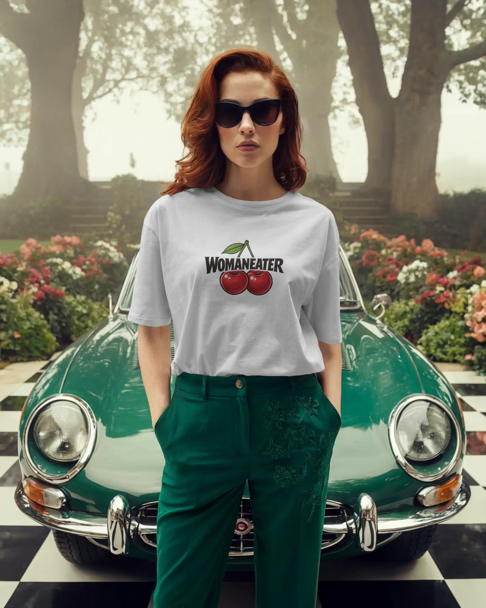 Womaneater slogan printed on a unisex t-shirt with bold black typography and playful sapphic design elements