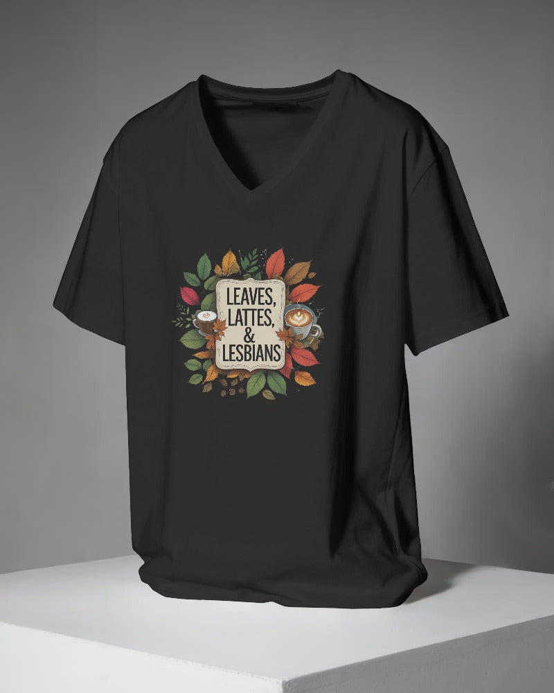 Black t-shirt with 'Leaves, Lattes, & Lesbians' graphic on a gray background