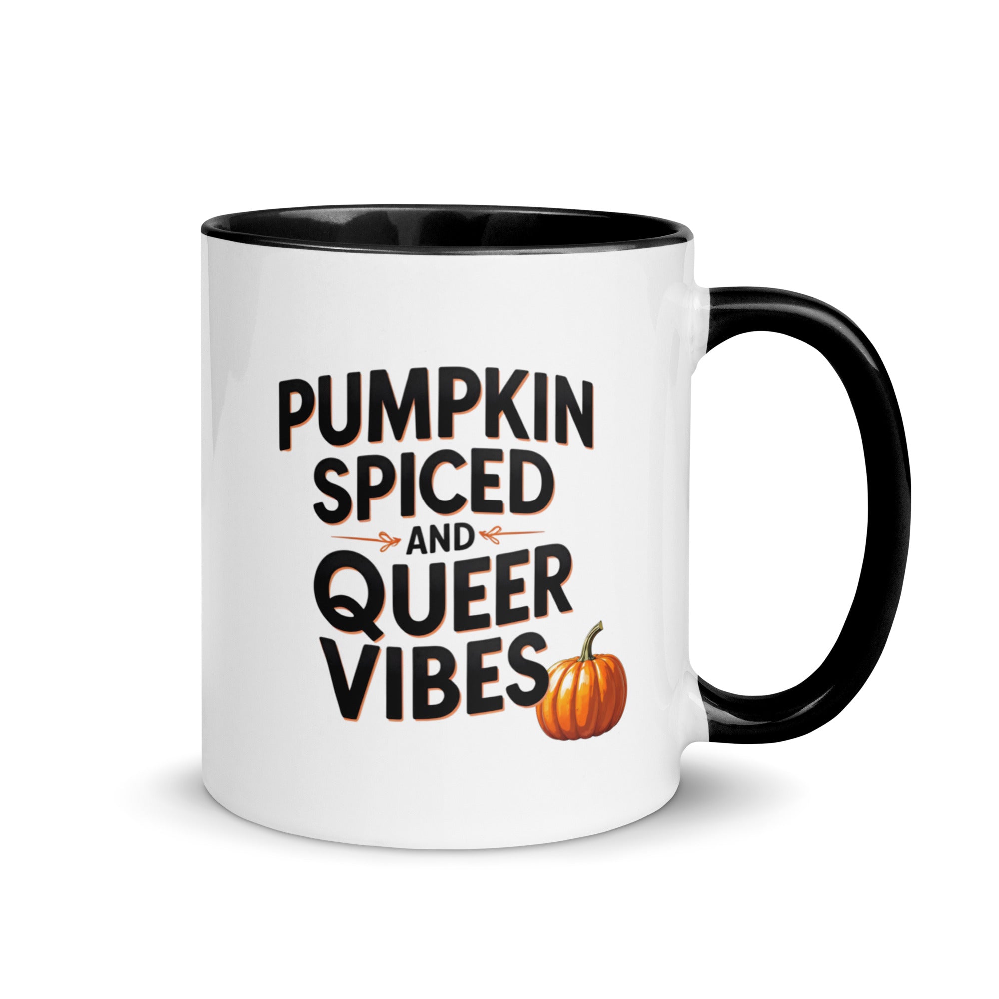 White mug with black handle featuring 'Pumpkin Spiced and Queer Vibes' text and a pumpkin graphic on a white background.