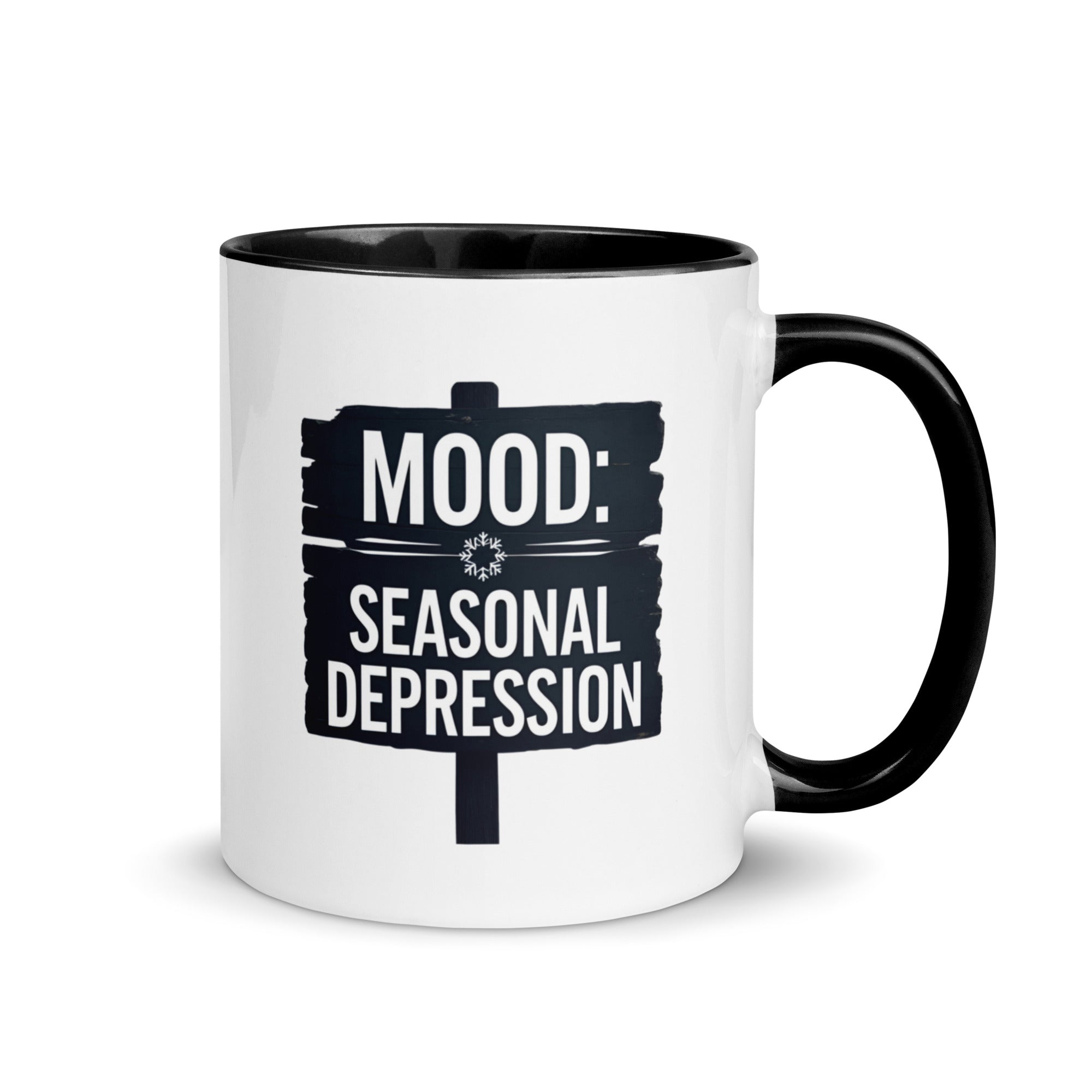 Mug with 'MOOD: SEASONAL DEPRESSION' text on a white background