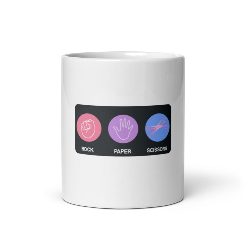 Rock Paper Scissors Mug colorful ceramic WLW lesbian pride design