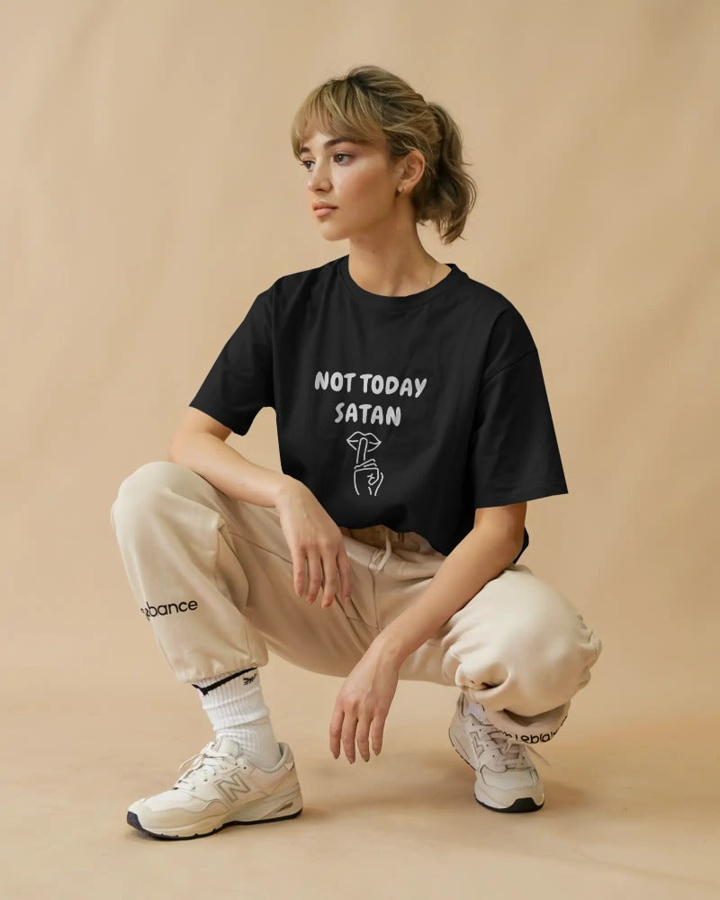 Close-up of bold “Not Today Satan” print on heavyweight cotton T-shirt.