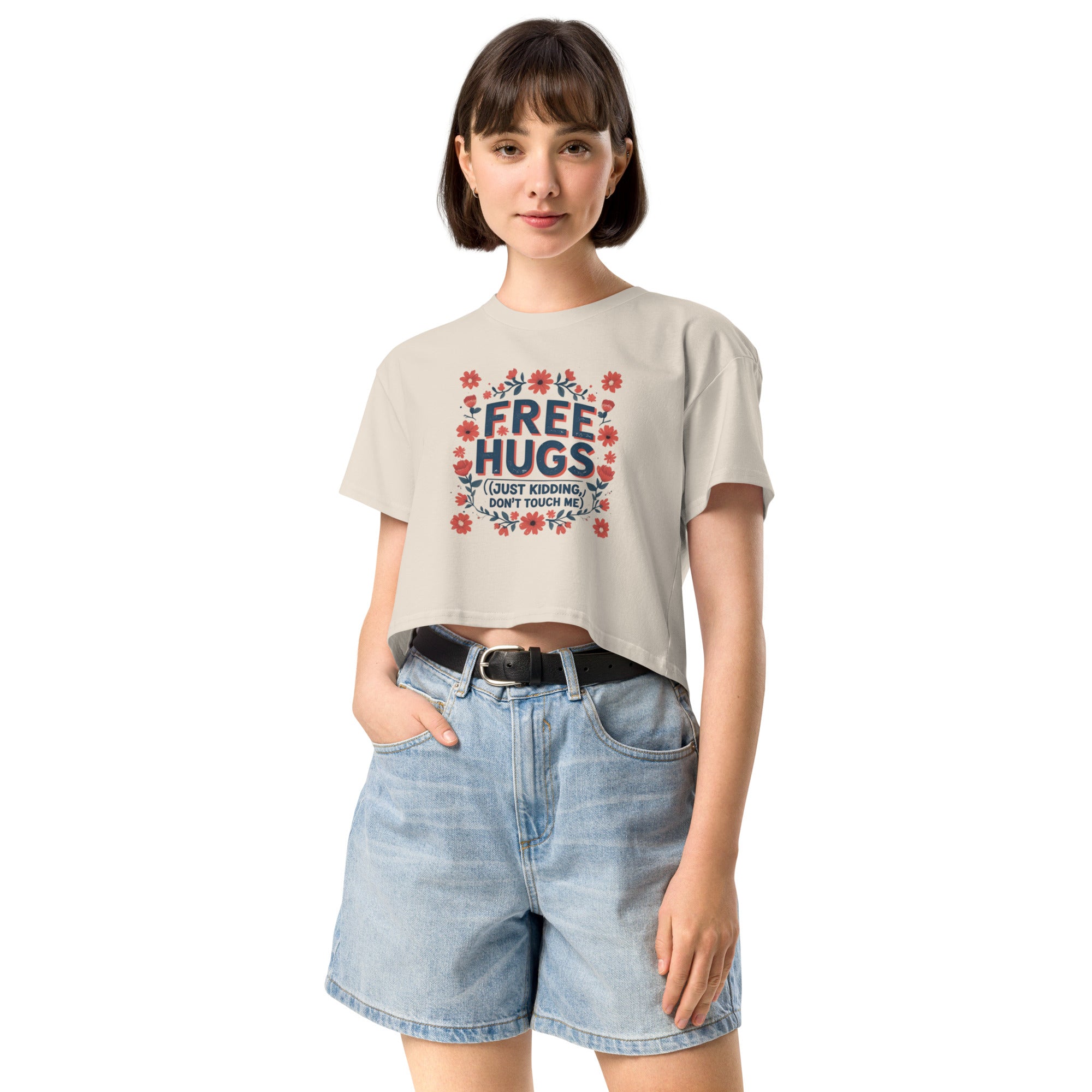 Close-up of bold text: Free Hugs… JK, Don’t Touch Me – Savage Cotton tee