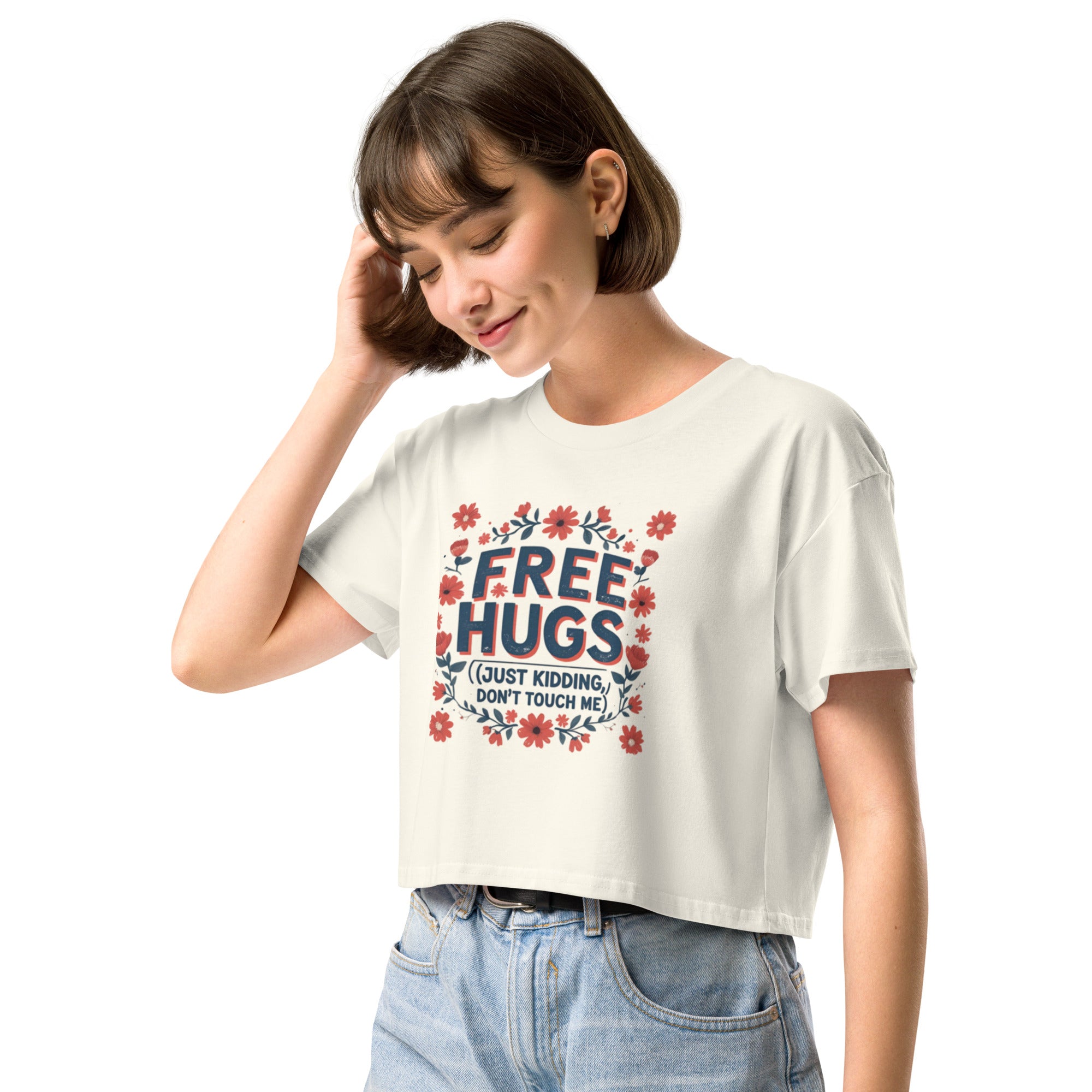 Close-up of bold text: Free Hugs… JK, Don’t Touch Me – Savage Cotton tee