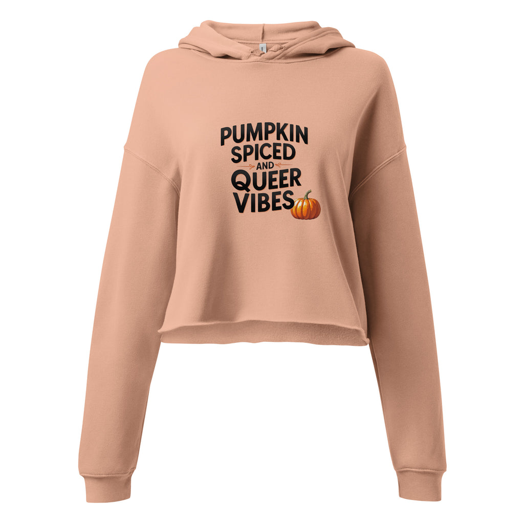 Model wearing Pumpkin Spiced Queer Vibes cropped hoodie