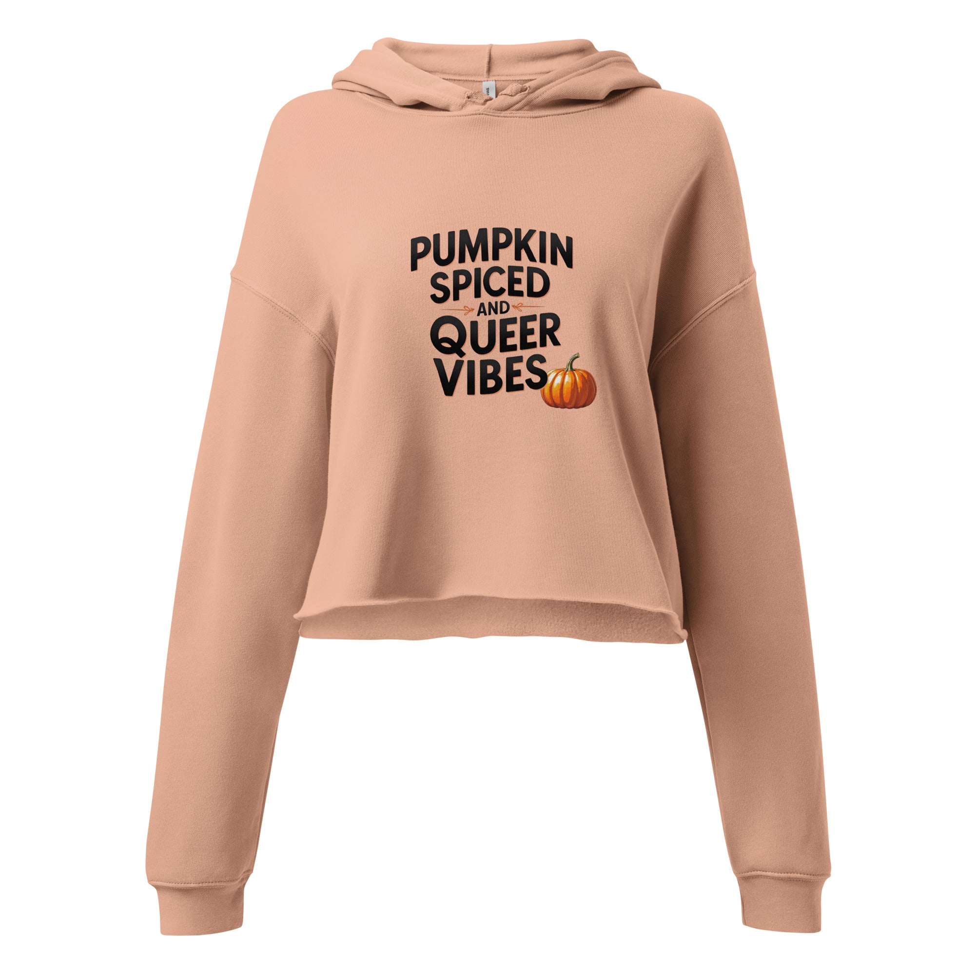 Model wearing Pumpkin Spiced Queer Vibes cropped hoodie
