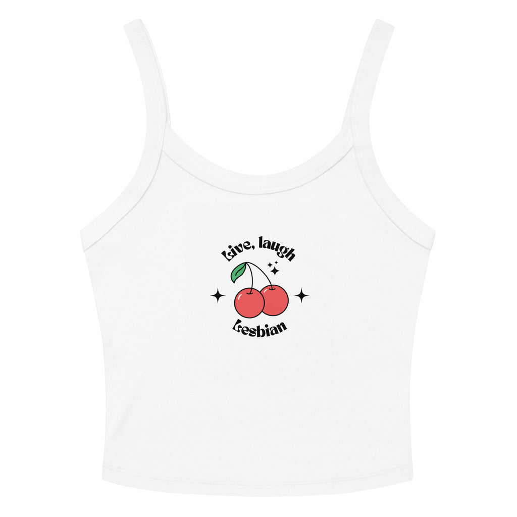 Front view of a Live, Laugh, Lesbian T-shirt featuring vibrant lesbian pride colors and a bold, playful design celebrating queer joy and identity.