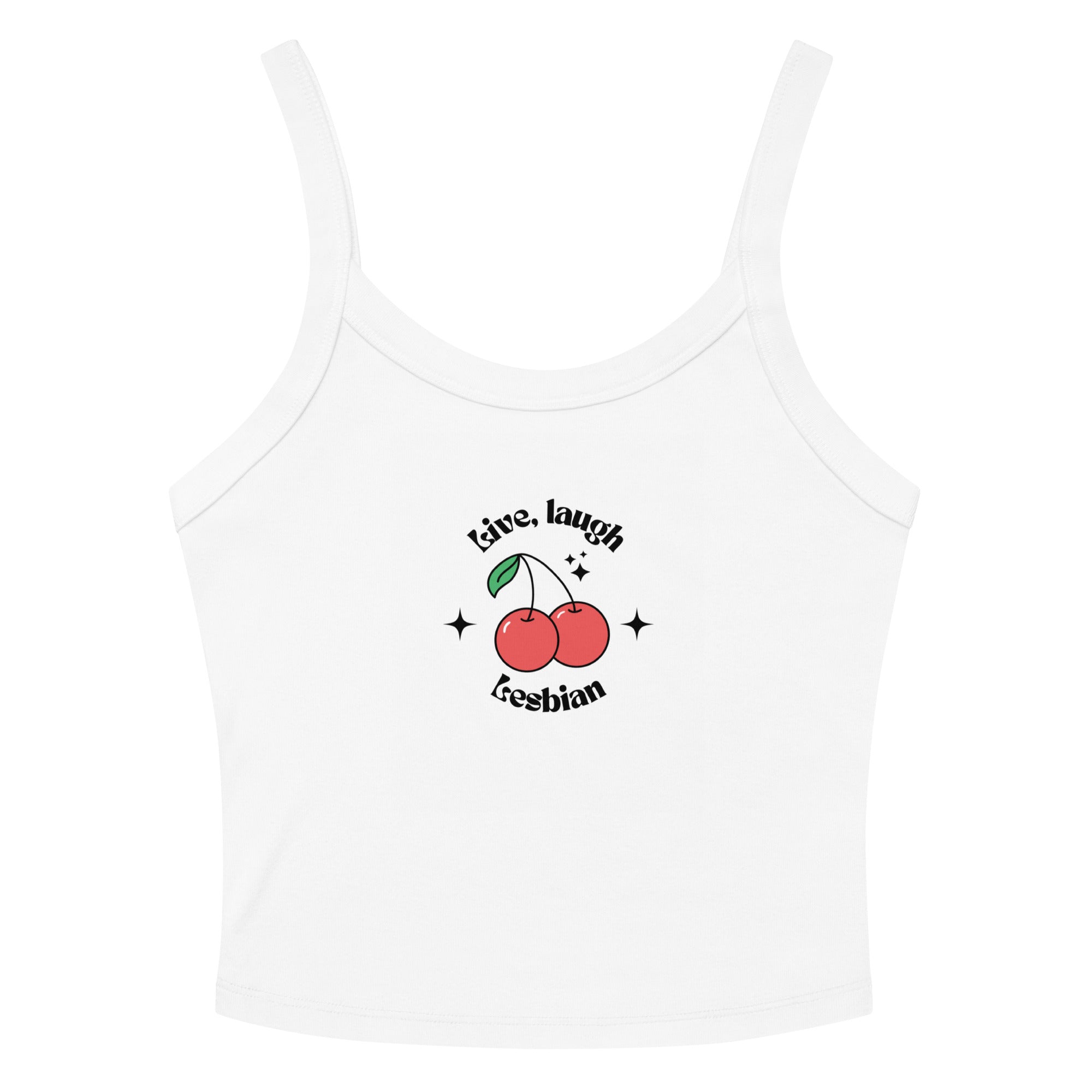 Front view of a Live, Laugh, Lesbian T-shirt featuring vibrant lesbian pride colors and a bold, playful design celebrating queer joy and identity.