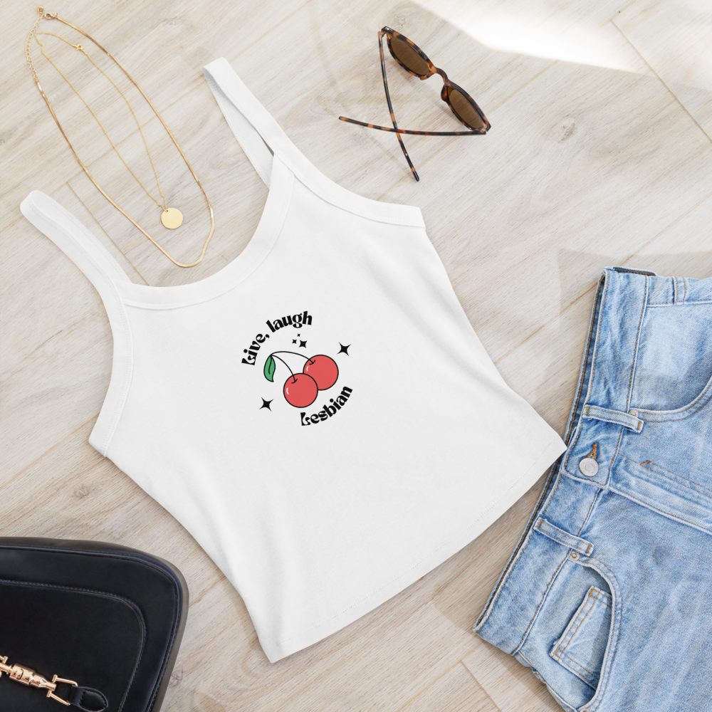 Front view of a Live, Laugh, Lesbian T-shirt featuring vibrant lesbian pride colors and a bold, playful design celebrating queer joy and identity.