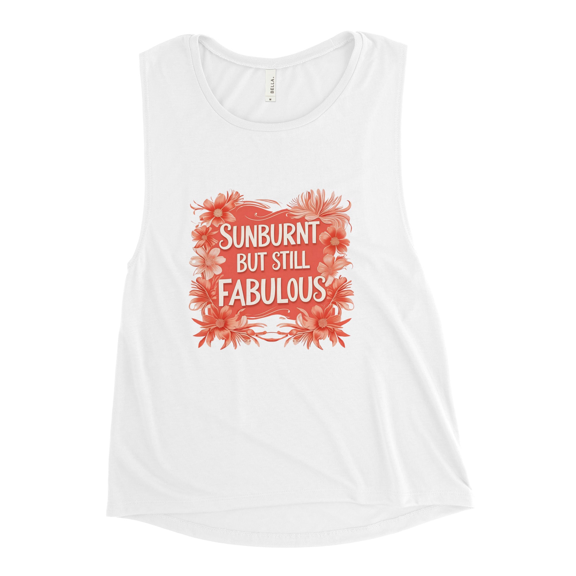 Model wearing the Sunburnt but Fabulous slogan tank top by Savage Cotton in soft peach, styled for summer with sunglasses and attitude