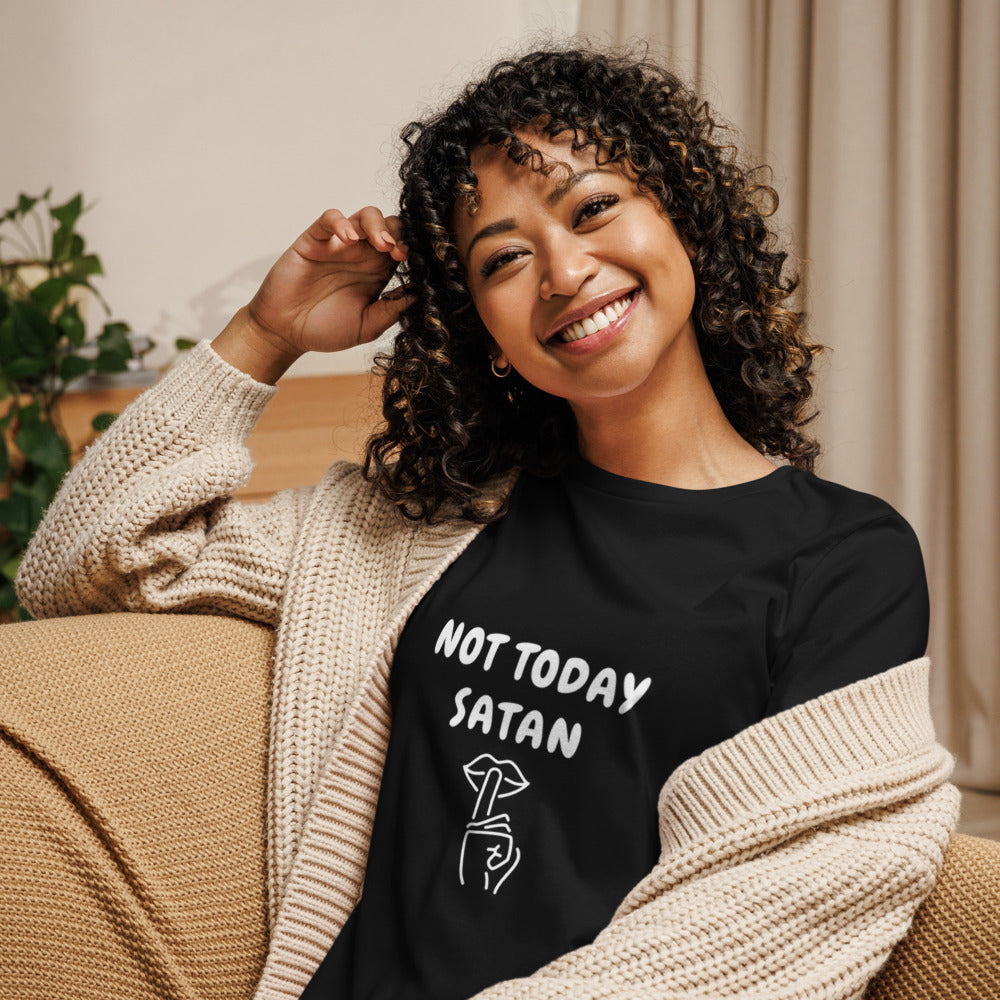 Close-up of bold “Not Today Satan” print on heavyweight cotton T-shirt.